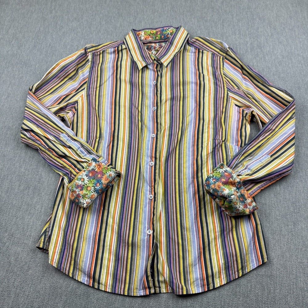 Robert‎ Graham Shirt Womens 12 Yellow Green Striped Floral Embroidered Disco